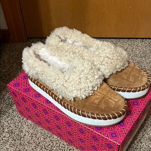Tory Burch Shearling Suede Slippers